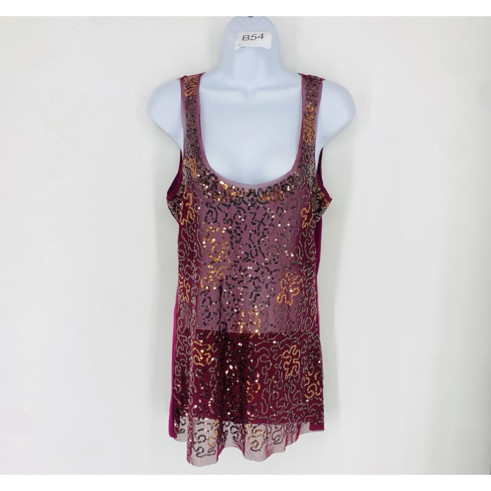 Y2K BKE Buckle Sequin Mesh Tank Top Large Wine Mermaid Clubwear Going Out Top